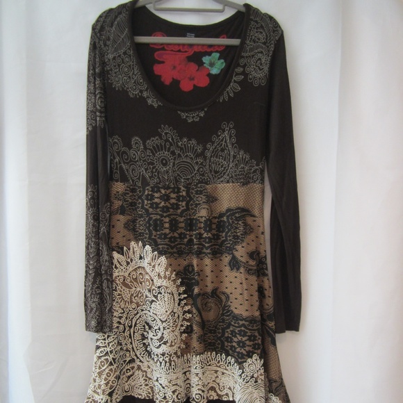 Desigual Dresses & Skirts - Desigual XL Brown Lace Look Dress Fit Flare 34" B